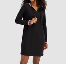 Tommy Hilfiger Women Black Red Plaid-Inset Logo Hooded Sweater Dress Size S