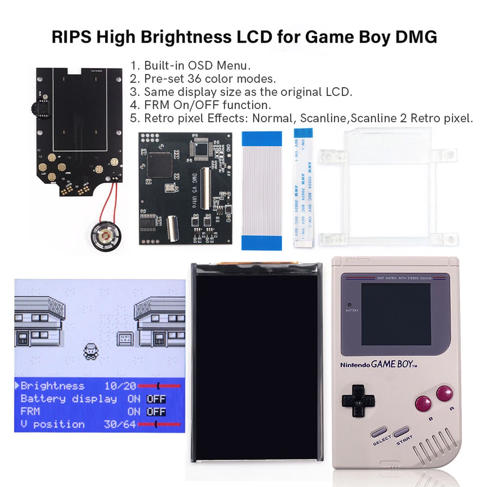 OSD Menu V5 Ultra Full Size RIPS Backlight LCD Kit W/Speaker For Game Boy DMG - Image 3 of 4