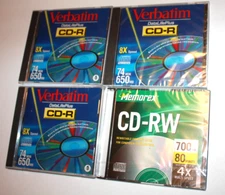 LOT OF 4) VERBATIM DATA LIFE PLUS CD-R 650 MB & MEMOREX CD-RW 700 MB