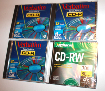 LOT OF 4) VERBATIM DATA LIFE PLUS CD-R 650 MB & MEMOREX CD-RW 700 MB Sealed