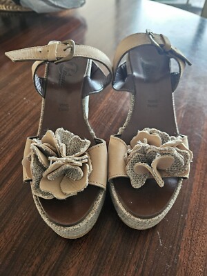 Bata Linen Covered Platform Wedge Tan Leather Ankle Strap Sandal Size EU 36 US 6