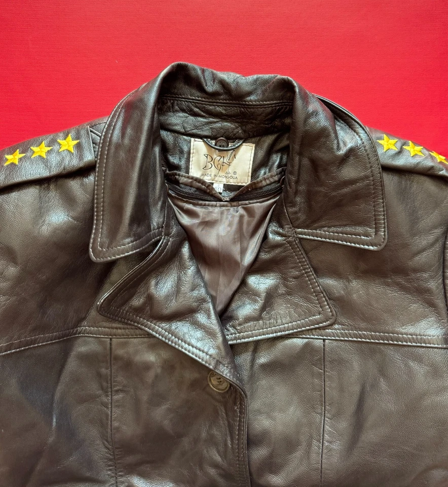 RARE Mongolian Army Officer Leather Overcoat With Removable Collar Size M EU 48 - Image 3 of 3