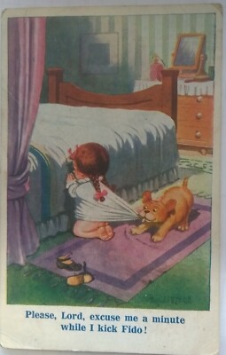 MÄDCHEN BETEND Herr Entschuldige mich, während ich trete FIDO HUND Donald McGill Comic PC um 1920