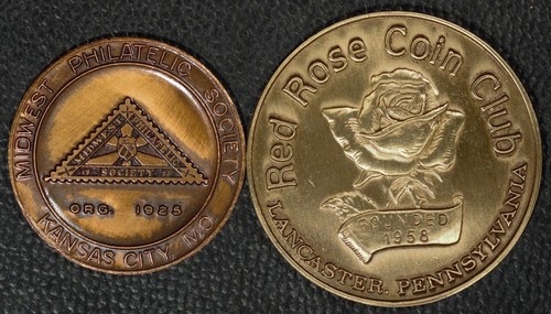 1950 Midwest Philatlic Society/1986 Red Rose Coin ClubTokens, Gem BU, 2 ...