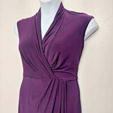CHAPS Dress Deep Purple Size M Stretchy Ruched Neck Sleeveless Knee Length Wrap