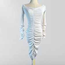 Blush Mark Off White Ruched Front Ribbed Long Sleeve Bodycon Dress