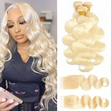 613 Blonde Body Wave Bundles Human Hair with Closure 18 20 22 16" 16A Grade...