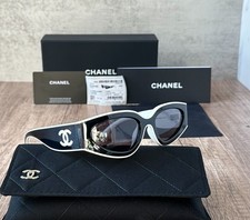 CHANEL SUNGLASSES BLACK WHITE FRAME 100% AUTHENTIC CLASSIC 6056 CAT EYE SHIELD