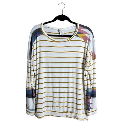 7th Ray Striped Long Sleeve Top Boho Geometric Accents White Mustard