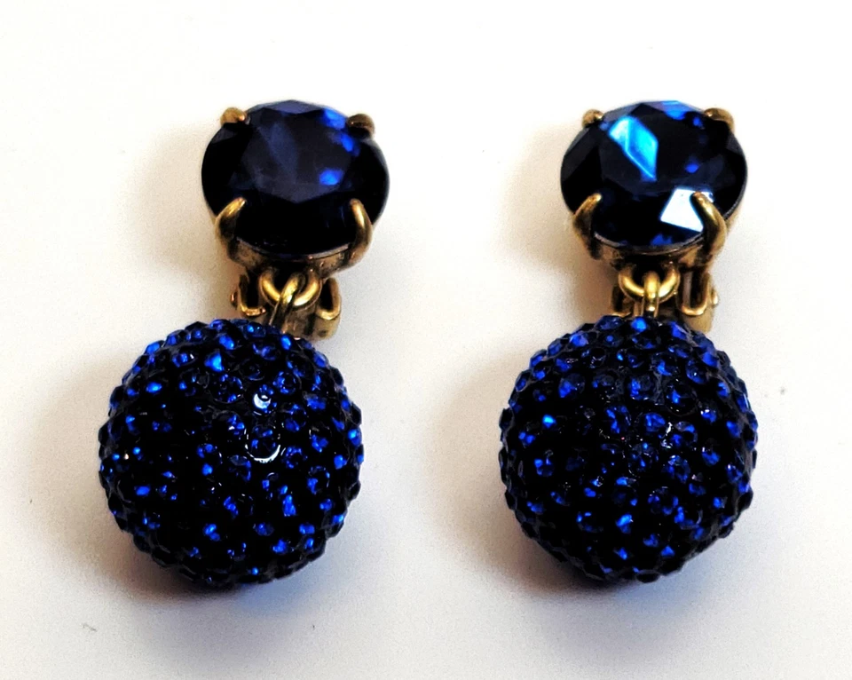 Vintage Signierte J CREW Goldfarbene Dangle Blaue Rhinestones Clip-On Ohrringe - Bild 2 von 4
