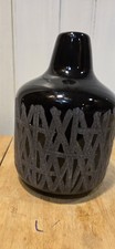 Hand Blown Black Art Glass Etched Geometric Vase 8" Tall by 6"wide