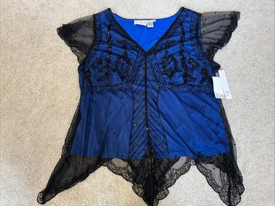 NWT - SCALA Beaded Sequins Beaded Top - BLUE & BLACK - Hand Embroidered Sz 22W