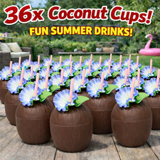 36 x Coconut Cups Novelty Reusable Hawaiian Party Drink Cocktail Cups & Flowers