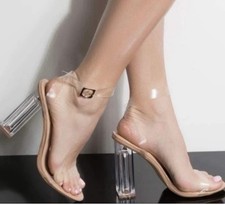 Nude Clear Strap Block Heel Sandals Women s 8.5 Transparent Lucite Heels