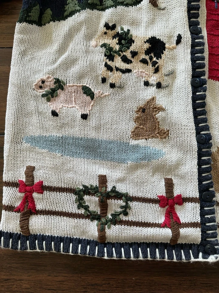 VTG Quacker Factory Medium Barn w/ Animals Christmas Sweater Cardigan Ducks Cow - Image 3 of 4