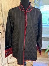 Chico s Design Vintage Silk Mandarin Jacket Size 2/Large. Black Pinstripes