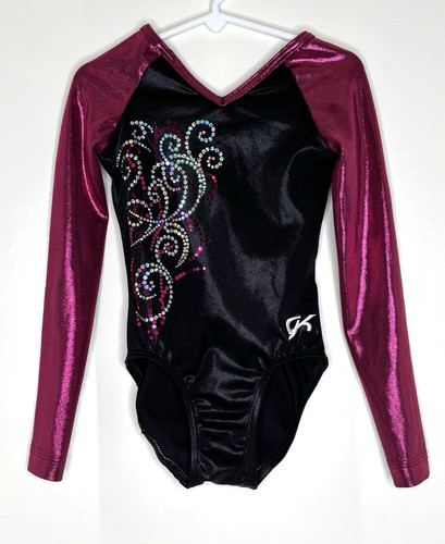 GK Elite CM Gymnastics Leotard Child Medium M Purple Black Foil Competition