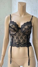 Vintage Sears Black Sheer Bustier Lace Lingerie Top W/ Garters Women's Size 36C