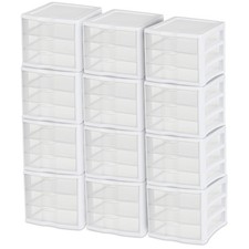 Sterilite ClearView Compact Stacking 3 Drawer Storage Organizer System, 12 Pack