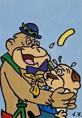 Manilla Gorilla & Mr Peebles ACEO ATC CARD ORIGINAL HAND PAINTED Signed OOAK