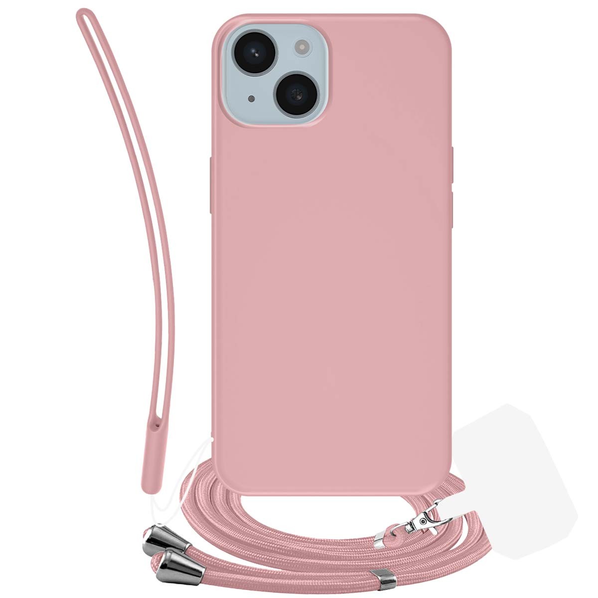 Coque iPhone 15 rose avec sangle pour garder les mains libres en voyage