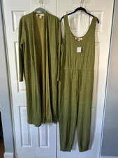 NWT FREE PEOPLE Beach Two Piece Bicoastal Set Jumpsuit Cardigan XL Moss Green