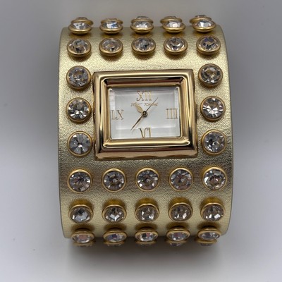 Betsey Johnson Leather Crystal Watch Wide Cuff Gold Tone  display picture 2