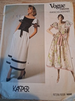  Vintage Kasper 80er Jahre VOGUE SCHNITTMUSTER 1690 Designer Kleid Drop Waist