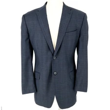 Joseph Abboud Sport Coat Mens 44L Jacket Wool Blue Plaid Loro Piana Super 130s