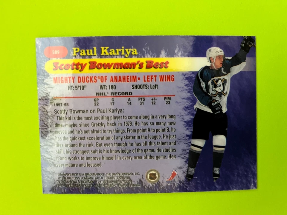 1998-99 Bowman Scotty Best Insert #SB9 Paul Kariya Anaheim Mighty Ducks NrMt - Image 2 of 2