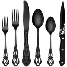 48 Pieces Royal Black Silverware Set for 8, Retro Gorgeous Flatware Set with ...