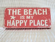 The Beach Is My Happy Place - Wood Rustic Coastal Pink Home Decor Sign 11"x5"