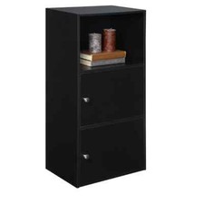 Small Bookshelf with Doors Bookcase Cabinet Storage Furniture Home Wood Black