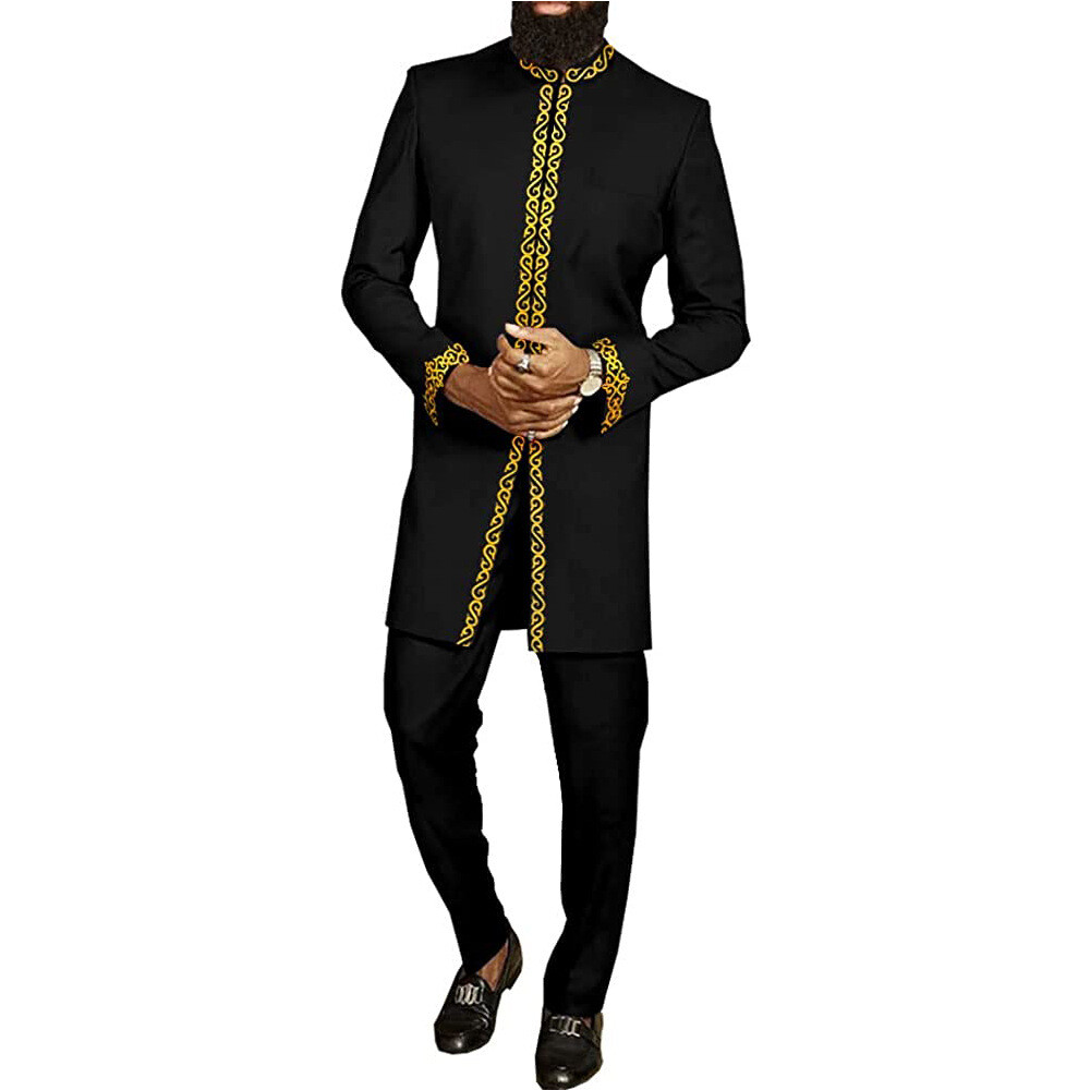 2 Pcs Mens African Clothes Wedding Tops+Pants Ethnic Style Set Outfits