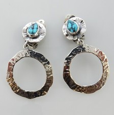 One of a Kind Handmade Textured Sterling Silver Blue Turquoise Clip Earrings