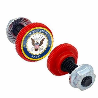 2 Red Knurled Motorcycle License Plate Frame Tag Bolts - USN NAVE EAGLE ANCHOR