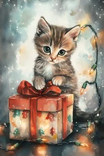 CHRISTMAS PRESENT KITTY CAT STRETCHED CANVAS PRINT WALL ART READY TO HANG CA44