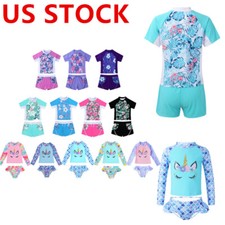 Kid Girl 2 Piece Athletic Tankini Swimsuit Beach Sports Short Sleeve Swimwear