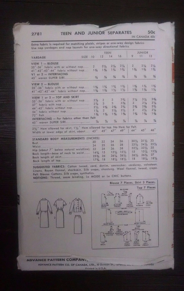 Vtg 60s Advance Sewing Company 2781 Wiggle Skirt Blouse Top Teen Jr 10 Uncut - Image 2 of 4