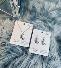 ZAD Cottage Charm Crescent Moon Pressed Dried Flower Necklace + Earrings