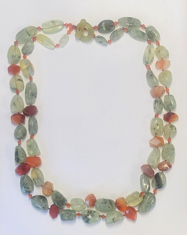 Double strand Prehnite & Fire Agate stone Necklace 24" w/ Jade toggle Clasp #163