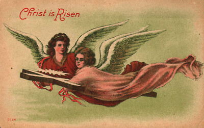 Postcard Easter Christ Is Risen Two Angels Holding A Cross | eBay