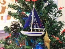 Wooden Blue Sailboat with Blue Sails Christmas Tree Ornament 9"