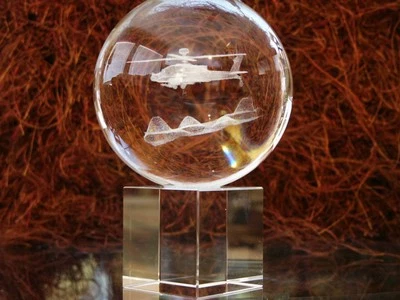 APACHE Helicopter 3D Lead Crystal LASER ETCHED Ball Paperweight NEW in Gift Box!