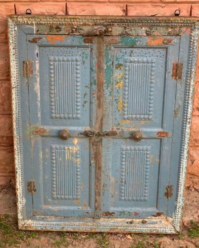 Blue Painted Window Iron Fitted Old Wooden Antique Jharokha Mehrab Carved Frame - Afbeelding 1 van 11