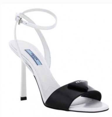 Prada Slingback Heels Sandal Triangle Logo Black White Sz 35