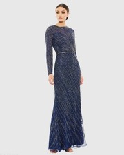 Mac Duggal 5240 Beaded Column Gown Size 8 Midnight Blue Long Sleeves 598 NWT