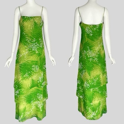 Nina Ricci Vintage 1970s Lime Green Palm Leaf Resort Maxi Slip Dress Size XS/S