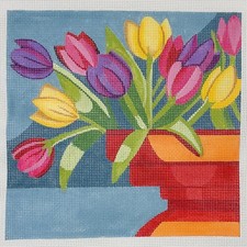Alice Peterson hand painted needlepoint canvas Bold Tulips Red Bowl 13ct 9 x 9"