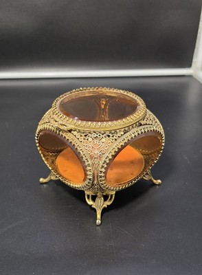 Vintage Filagree Brass  Amber Beveled Glass Ormulu Jewelry Box Casket 4 Sided 